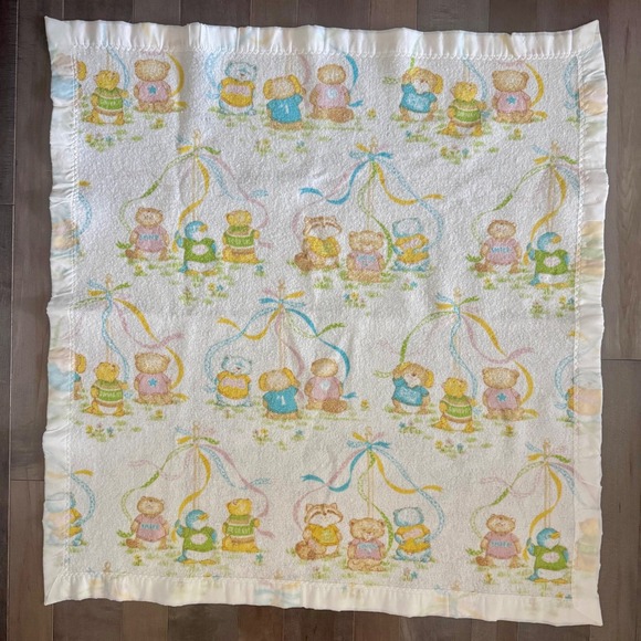 Other - Vintage 80s Baby Blanket White Satin Ruffle Teddy Bear Penguin Maypole